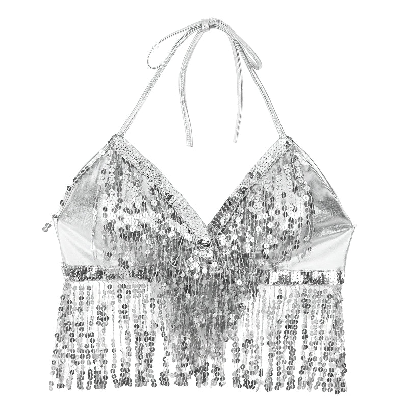 Shiny silver sequined crop bra top perfect for performances, photoshoots, or a night out. Stylish and comfortable fashion piece.