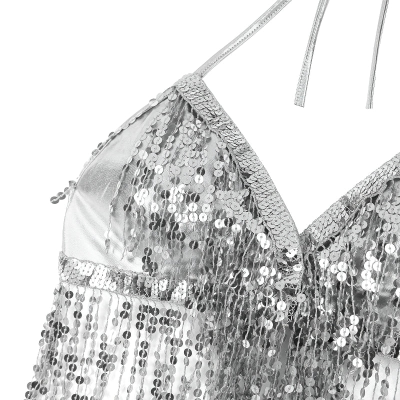 Shiny silver sequin crop top perfect for dancing, performances, or a fun night out. Stylish and comfortable fashion piece.