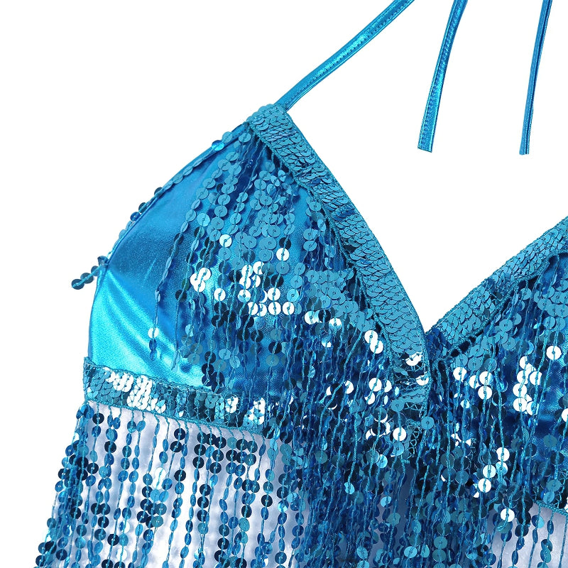 Shiny blue bra top adorned with sparkling sequins, perfect for performances and stylish outings.