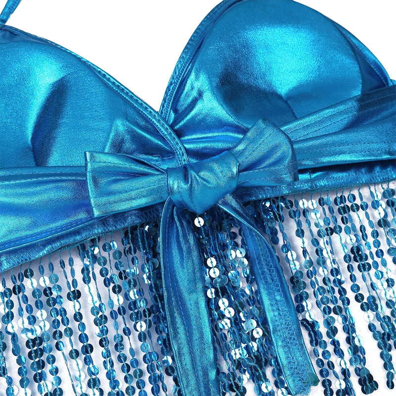 Shiny blue sequined crop bra top with ribbon detailing for performances and fun nights out.