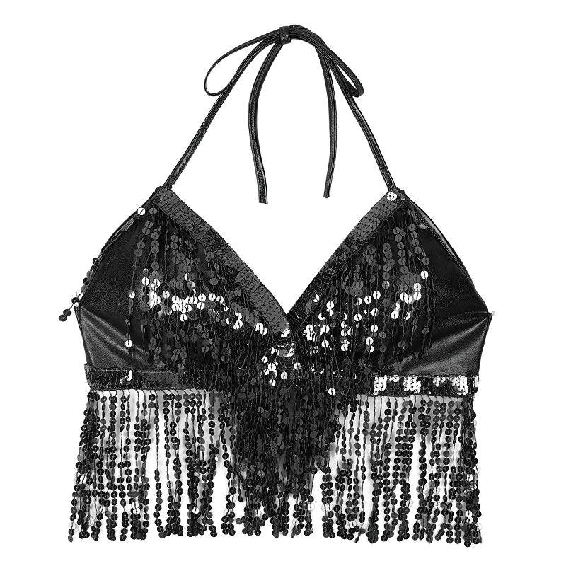 Sexy black sequined crop bra top with fringe for performances and night outings.