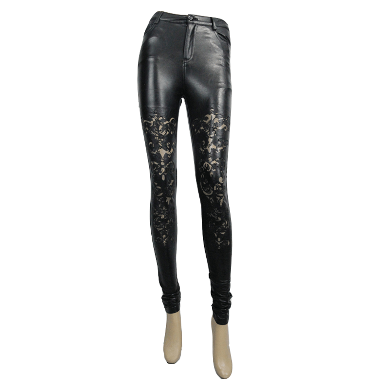 Sexy Womens Faux Leather Pants / Black Hollow-Out Lace Leggings / Skinny Pencil Pants - HARD'N'HEAVY
