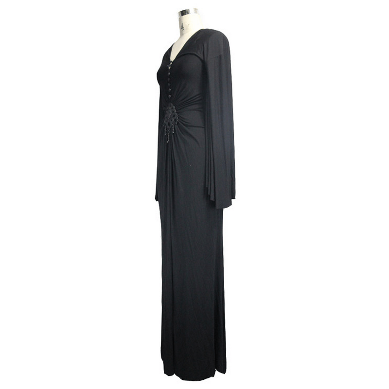 Elegant black women's gothic deep V-neck dress with wide sleeves and decorative insert, perfect for any stylish occasion.
