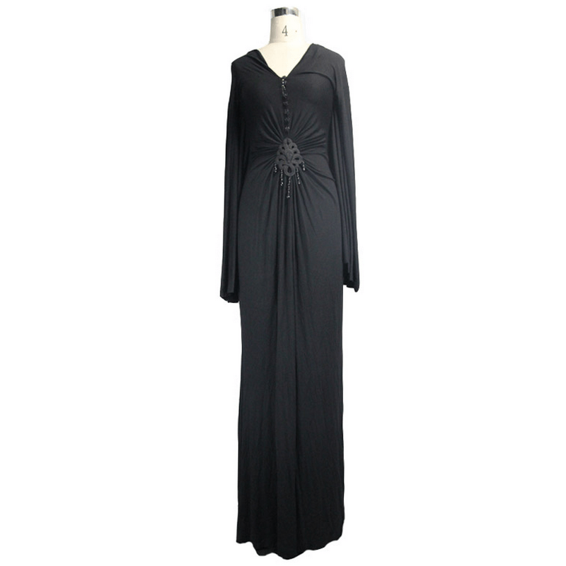 Elegant black gothic deep V-neck dress with wide sleeves and decorative center insert.