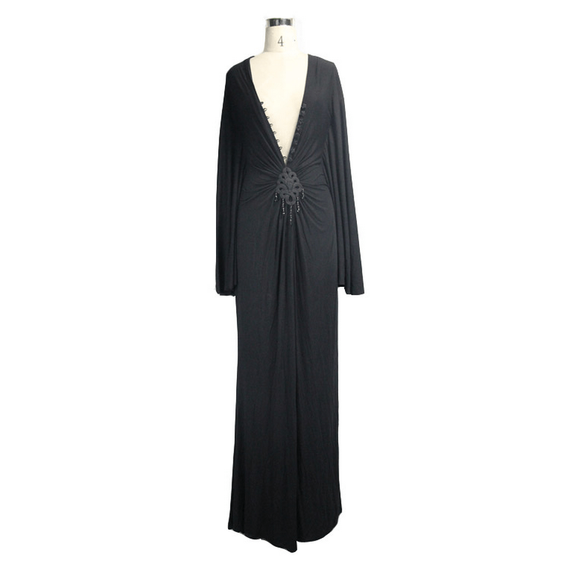 Elegant black gothic long dress with deep V-neck and wide sleeves, featuring a decorative middle insert.