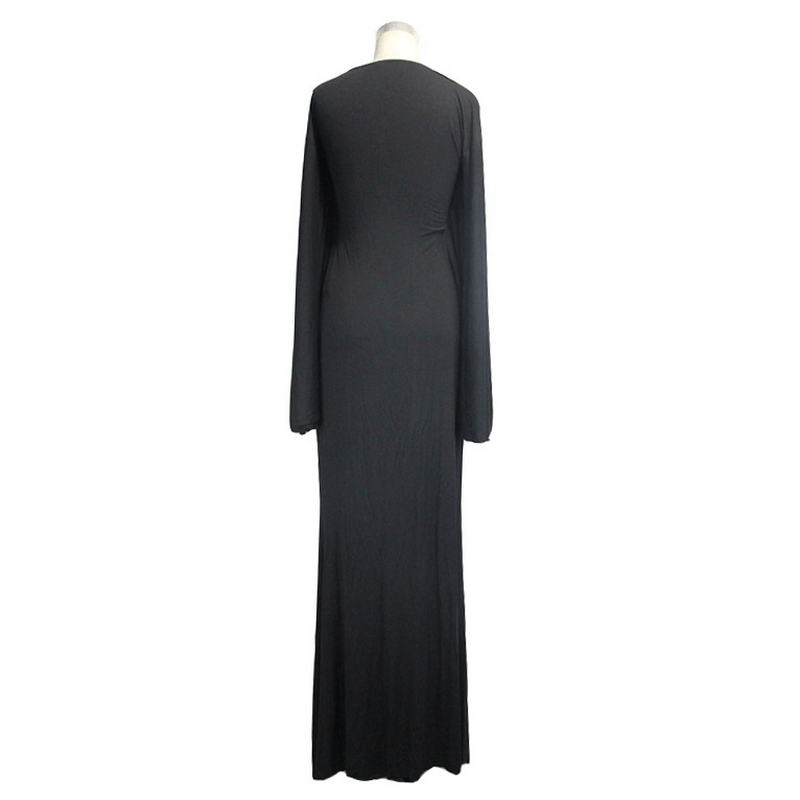 Back view of a sexy women's gothic deep V-neck black dress with wide sleeves and a long silhouette.