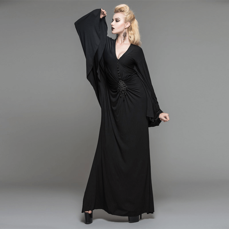 Elegant gothic women's black deep V-neck dress with wide sleeves and unique decorative insert.