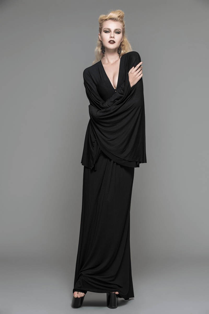 Elegant gothic women's long black dress with deep V-neck and wide sleeves, perfect for a striking evening look.