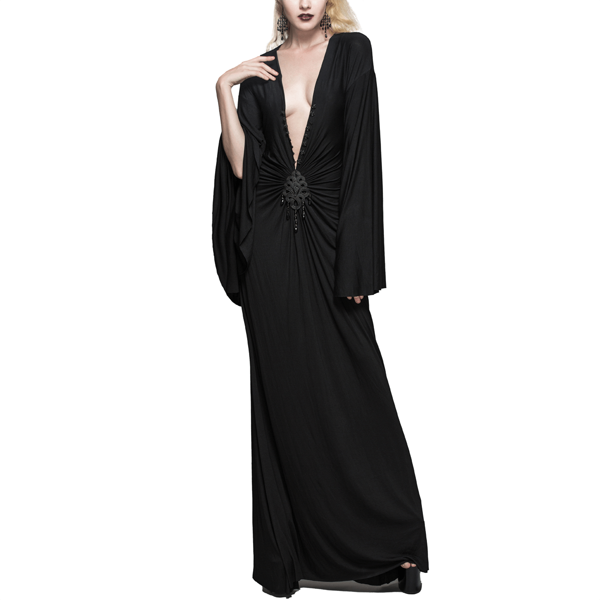 Elegant women's gothic long black dress with deep V-neck and wide sleeves, featuring a decorative middle insert.