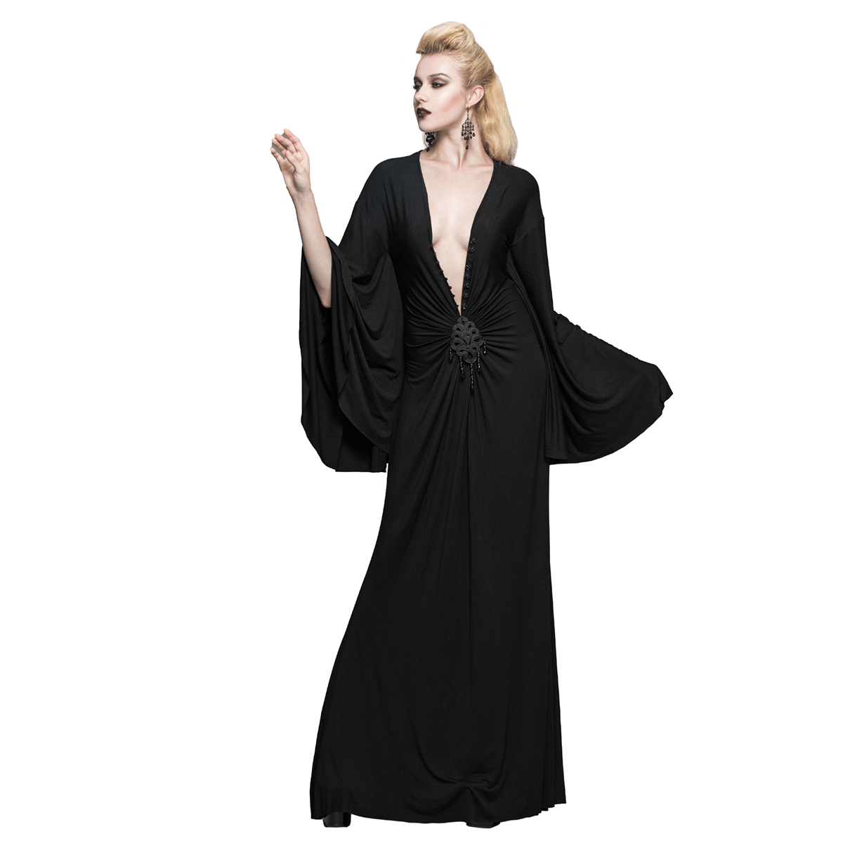 Elegant black gothic long dress with deep V-neck and wide sleeves, perfect for a captivating look.