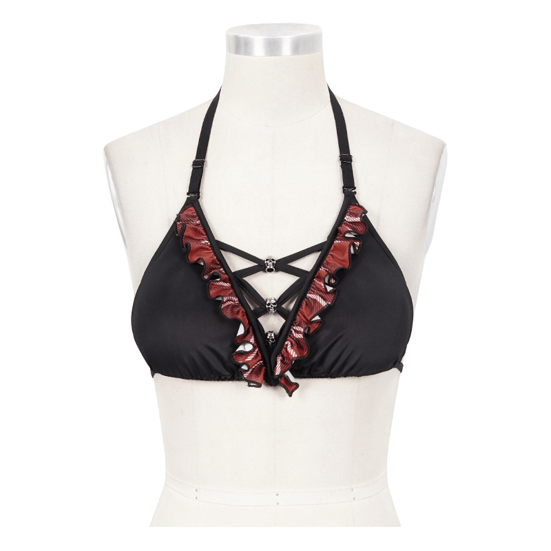 Black and red plaid grunge bikini top with skull pendants, perfect for a stylish beach look.