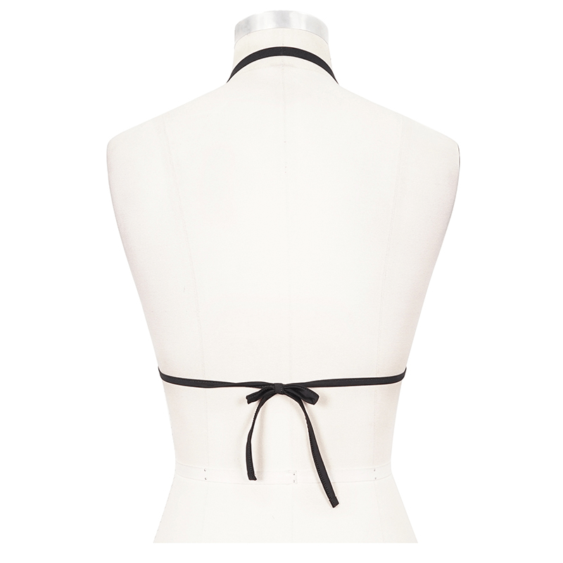 Back view of a sexy black bikini top with a stylish neck tie for a trendy grunge look.