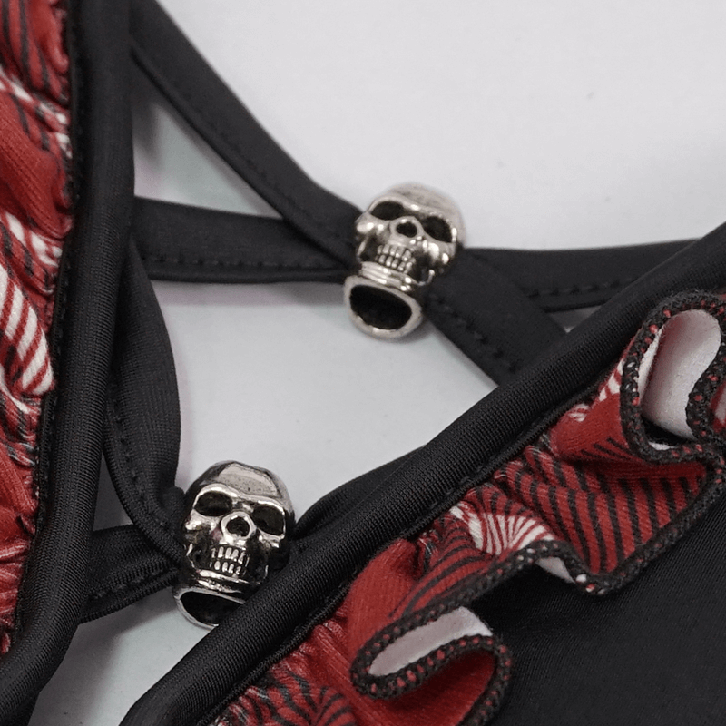 Sexy Women's Grunge Bikini Top / Female Black & Red Plaid Swimsuit Top With Skull Pendants - HARD'N'HEAVY