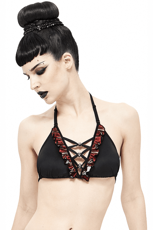 Sexy Damen-Bikinioberteil im Grunge-Stil / Damen-Badeanzugoberteil in Schwarz und Rot mit Totenkopf-Anhängern 