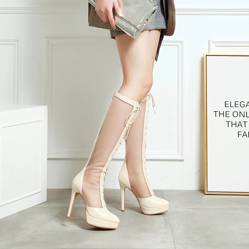 Sexy Women's Knee Mesh Boots / High Heels Lace Up Shoes with Pointed Toe - HARD'N'HEAVY