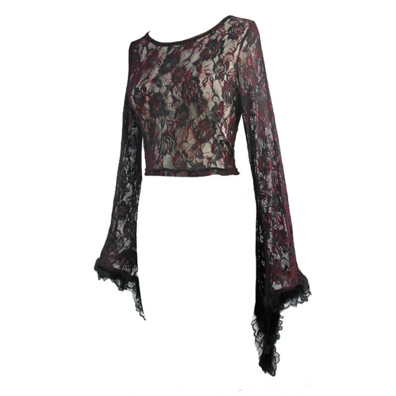Sexy Women's Lace Transparent Black & Wine Red Cropped Top / Gothic Style Ladies Flare Sleeve Tops - HARD'N'HEAVY