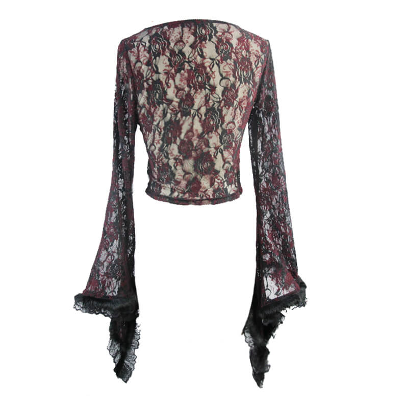 Sexy Women's Lace Transparent Black & Wine Red Cropped Top / Gothic Style Ladies Flare Sleeve Tops - HARD'N'HEAVY