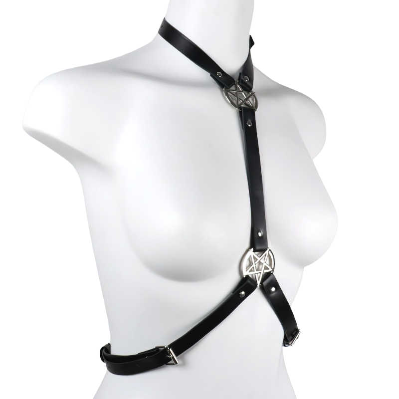 Sexy Women's Leather Harness Bra with Pentagram / Fashion Black Chest Harness in Punk style - HARD'N'HEAVY
