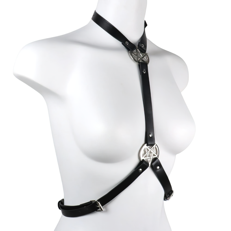 Sexy women's black leather harness bra with pentagram in punk style, perfect for bold fashion statements.