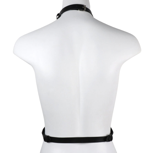 Back view of a sexy women's leather harness bra showcasing sleek black straps in punk style.