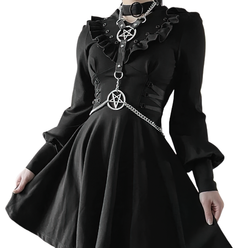 Punk-style black dress with pentagram details, ruffled collar, and chain accents, perfect for edgy fashion lovers.
