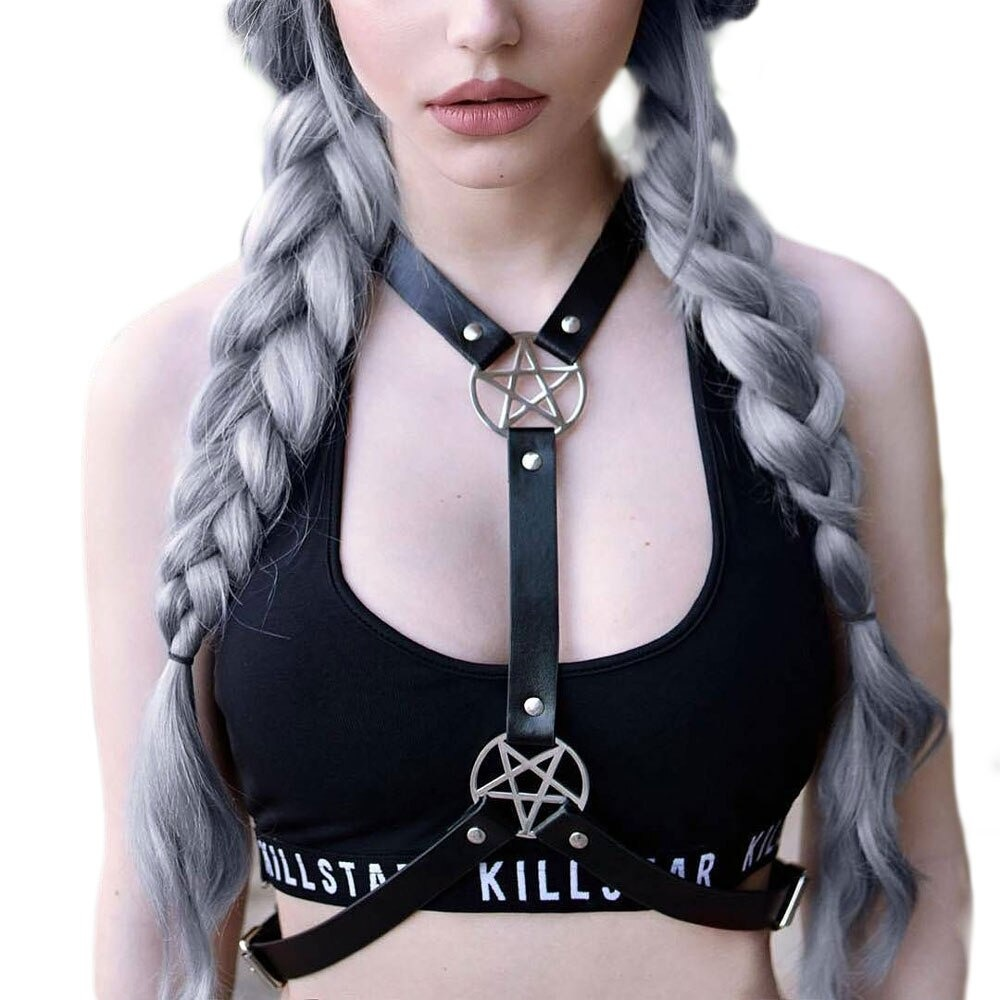 Sexy women's leather harness bra with pentagram detail, perfect for punk fashion enthusiasts.