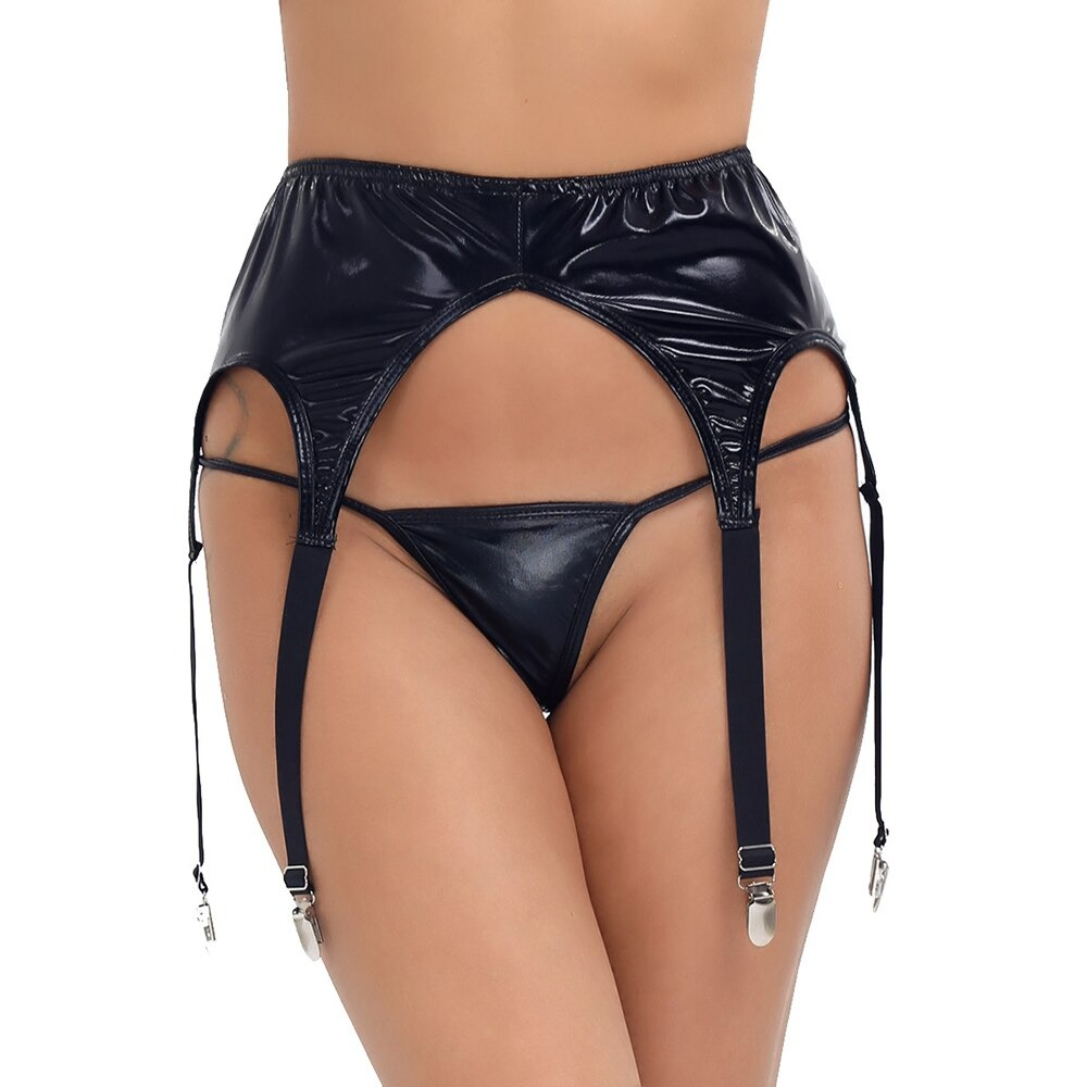 Sexy women's patent leather garter panty showcasing stylish cut for a seductive look.