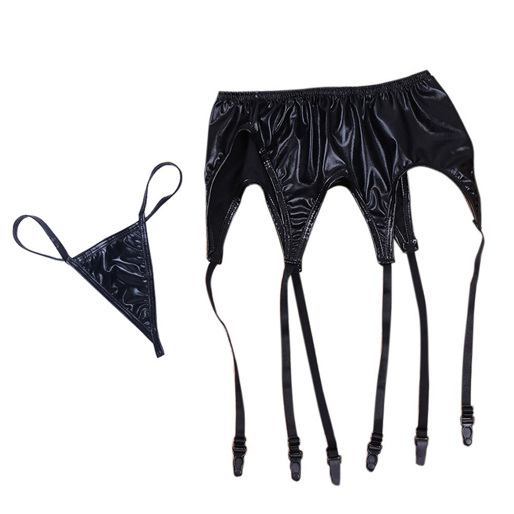 Elegant women's patent leather garter panty set with stylish cut and adjustable straps for a sexy look.