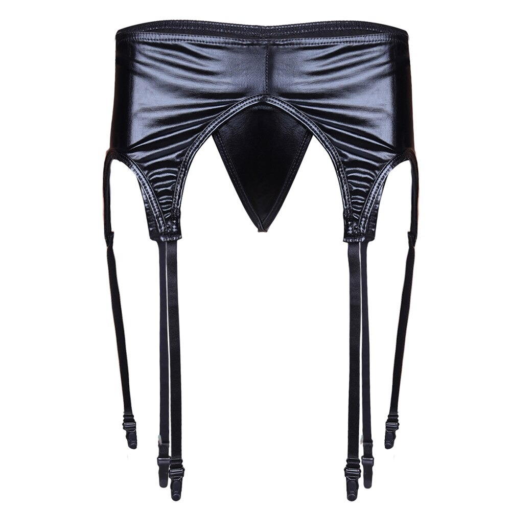 Sexy Women's Patent Leather Garter Panty / Ladies Panty with High Wais Clip Suspender - HARD'N'HEAVY