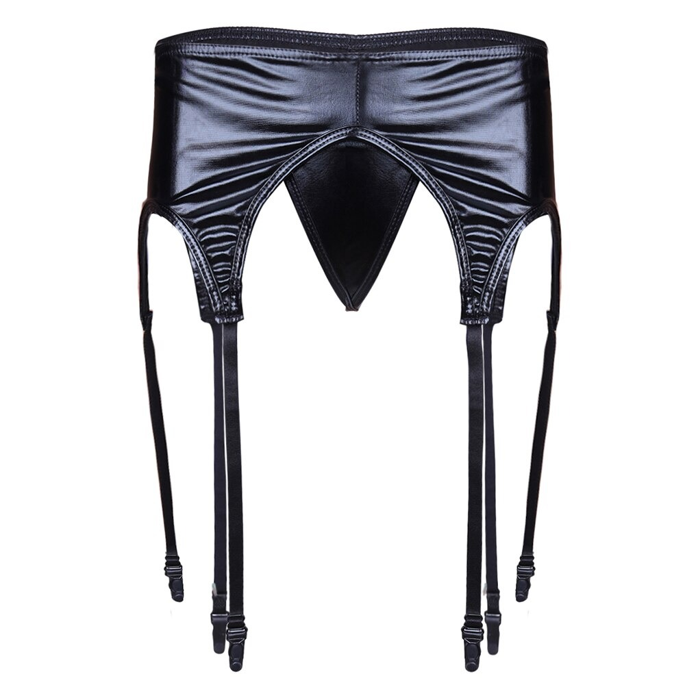 Sexy black patent leather garter panty showcasing stylish cut and seductive design.