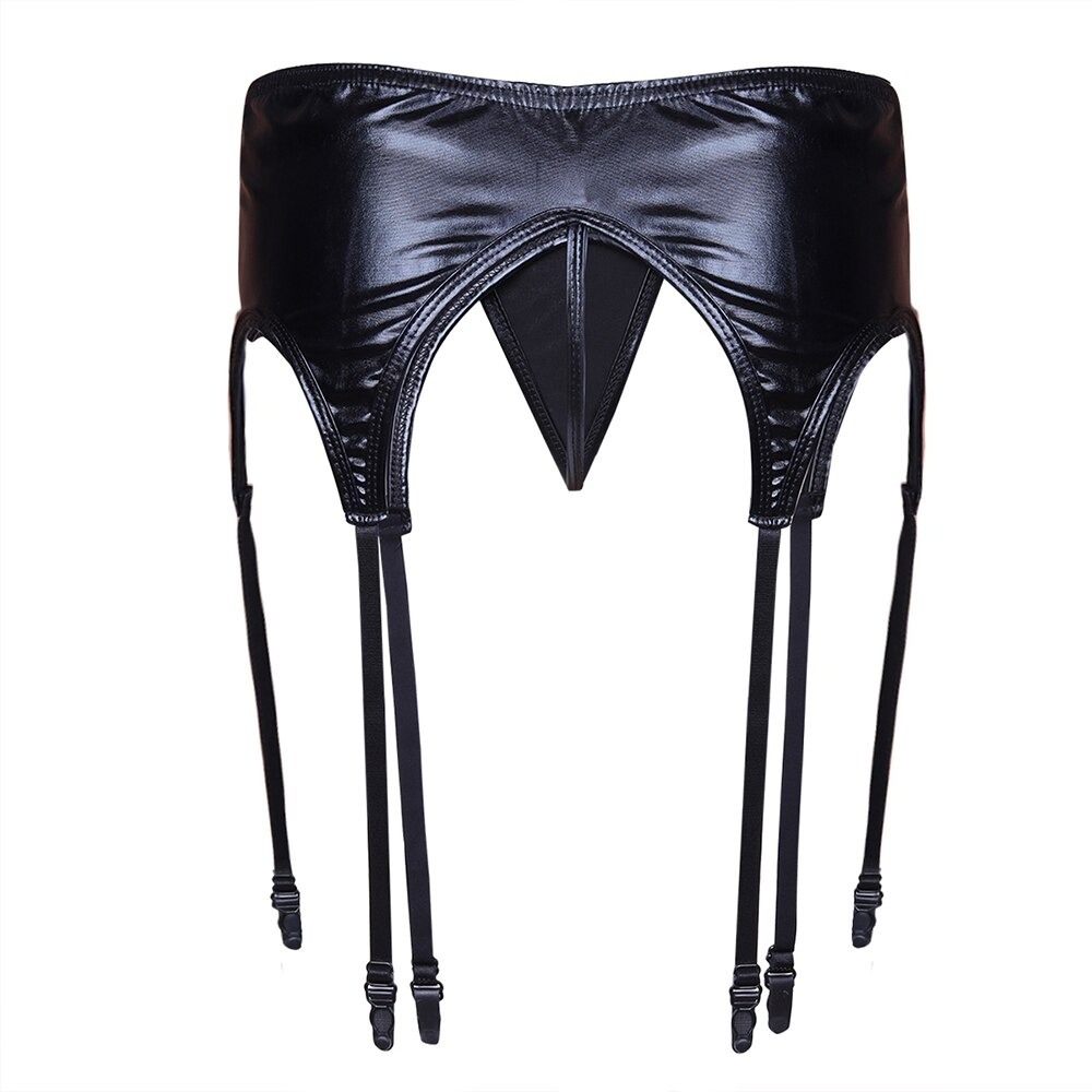 Black patent leather garter panty with high-waisted design and adjustable suspender straps for a sexy look.