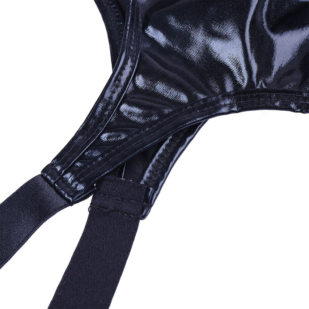 Close-up of sexy women's patent leather garter panty showcasing high-quality material and elegant design details.