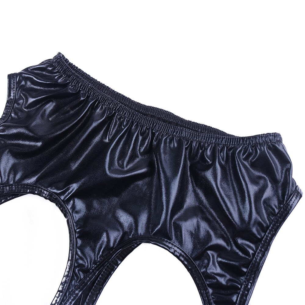 Close-up of sexy black patent leather garter panty with stylish cut and elastic waistband.