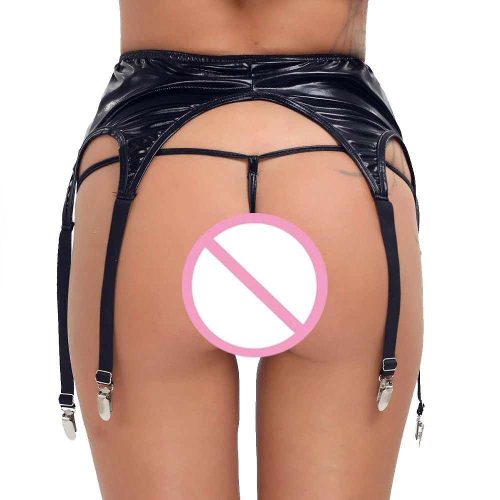 Sexy Women's Patent Leather Garter Panty / Ladies Panty with High Wais Clip Suspender - HARD'N'HEAVY