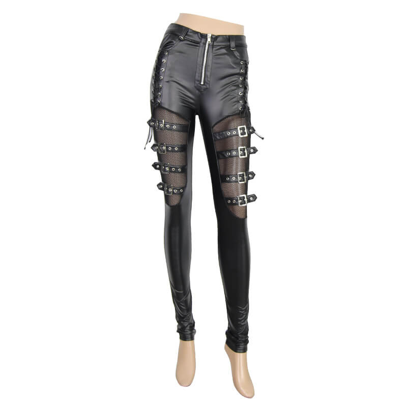 Sexy Women's PU Leather High Waisted Slim Fit Pants / Gothic Black Mesh Leggings with Straps - HARD'N'HEAVY