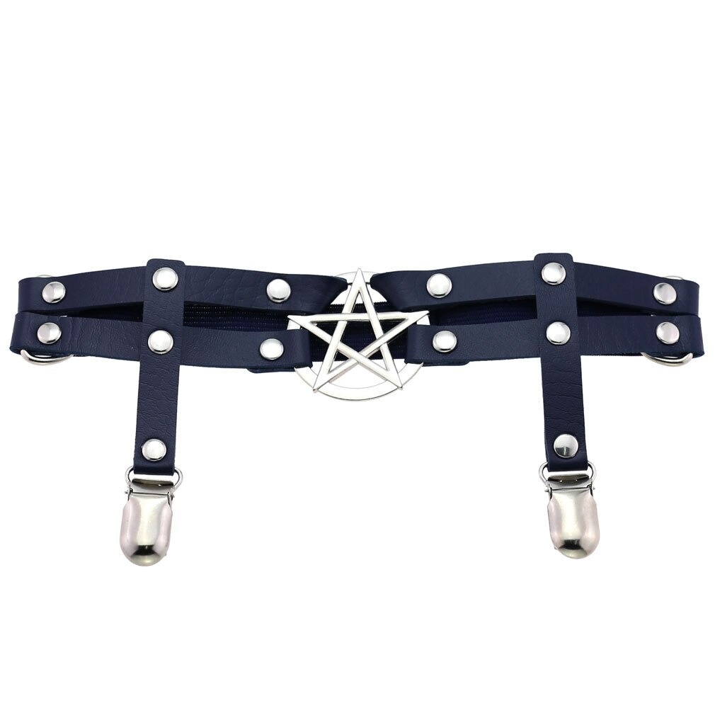 Gothic PU leather leg garter belt with pentagram and silver rivets, perfect for punk cosplay and erotic style.