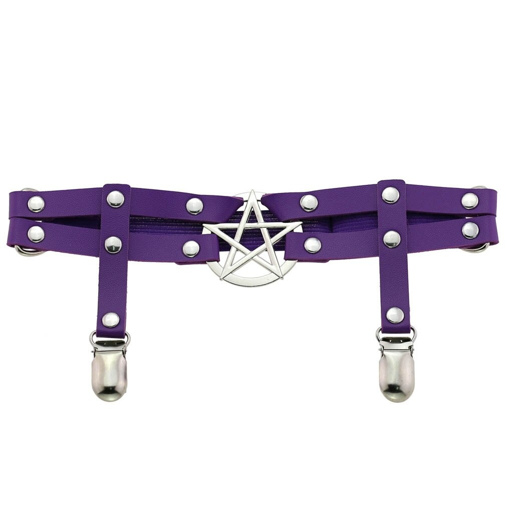 Purple PU leather leg garter belt with pentagram and silver rivets, gothic cosplay accessory for women.