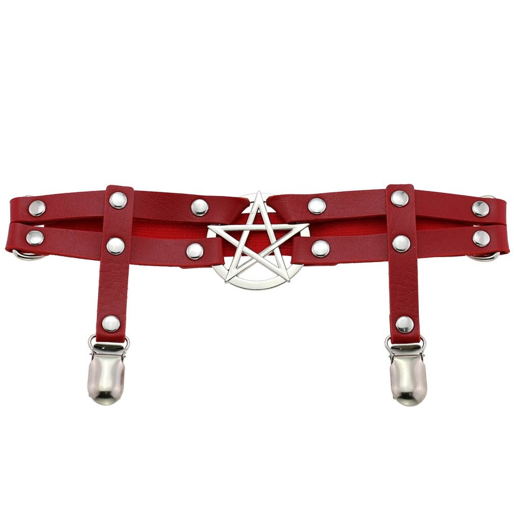 Punk Gothic red PU leather leg garter belt with pentagram pendant and silver rivets. Perfect erotic cosplay accessory.