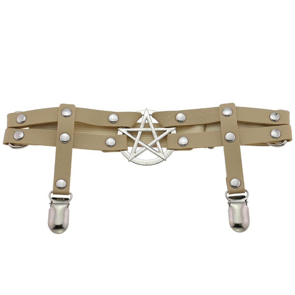 Punk gothic women's PU leather leg garter belt with pentagram and silver rivets, perfect erotic cosplay accessory.