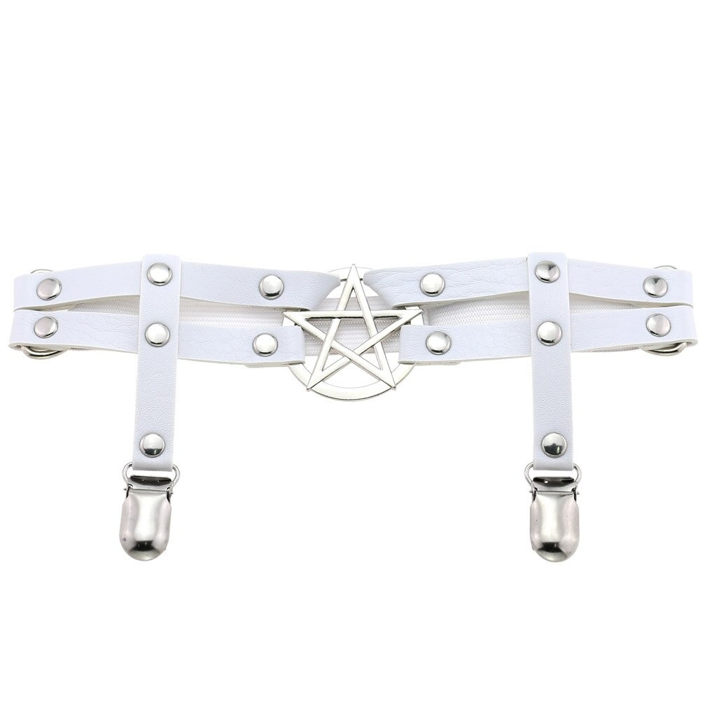 White PU leather leg garter belt with pentagram and silver rivets, gothic punk cosplay accessory.