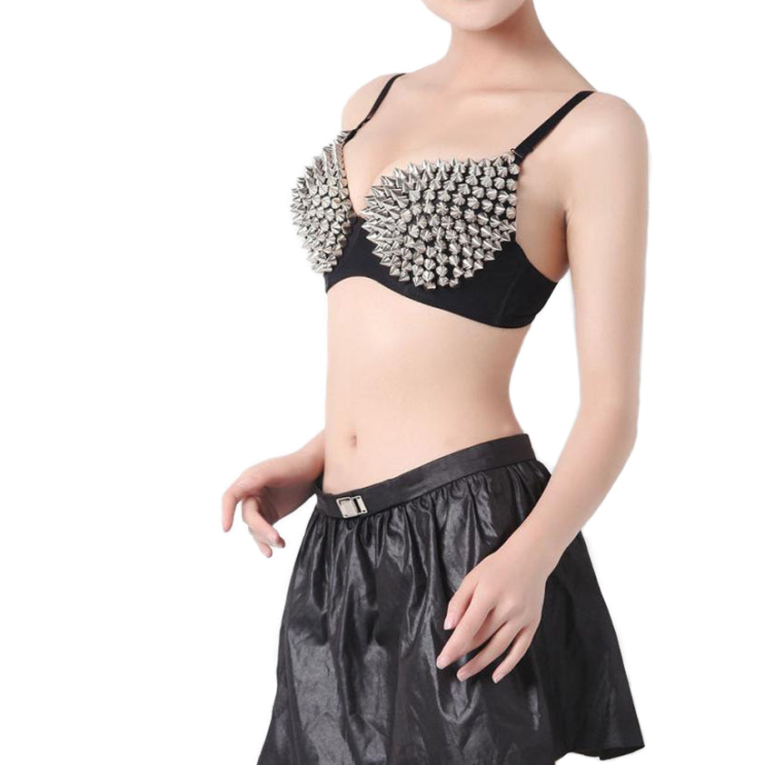 Sexy women's rhinestone bra with spikes, perfect for a daring rock-inspired look.