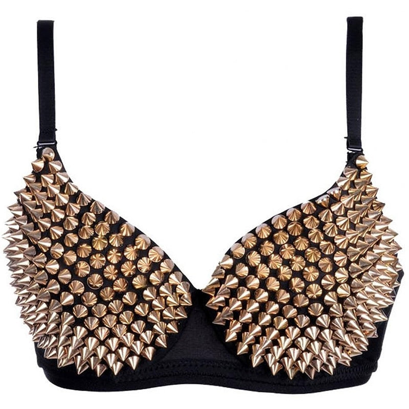 Rhinestone and spike embellished women's bra in alternative rock style, perfect for edgy fashion looks.
