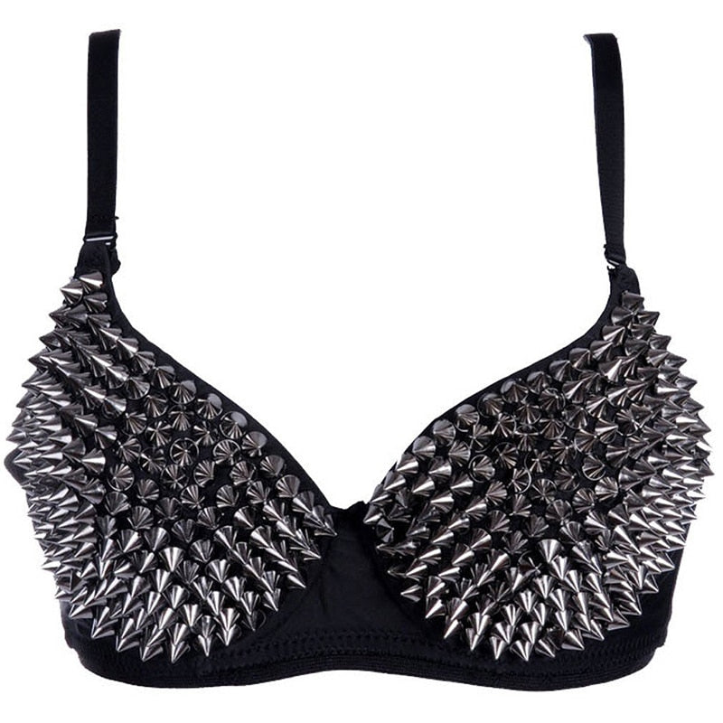 Sexy women's black bra with rhinestone spikes, perfect for alternative rock fashion.