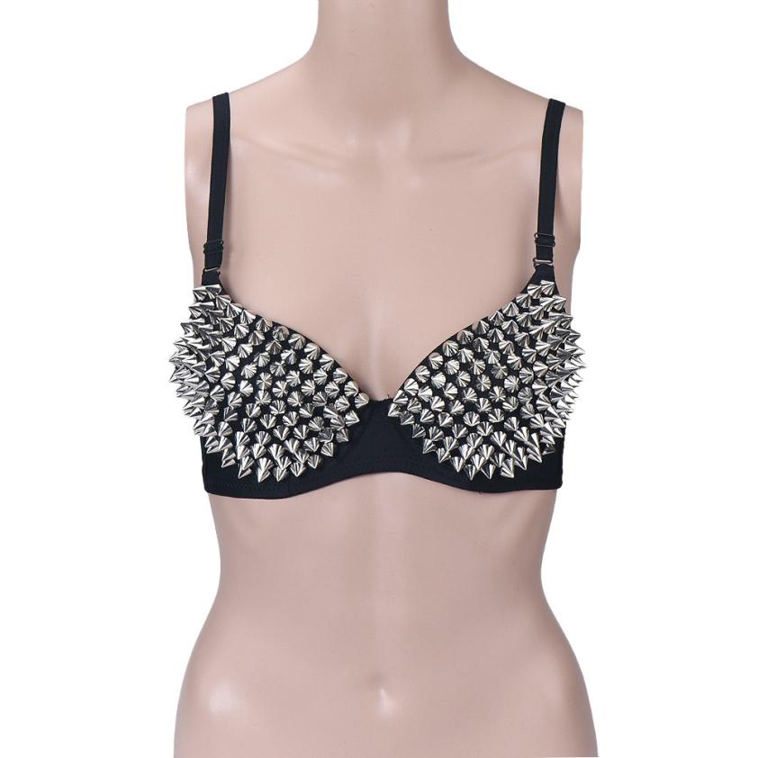 Sexy women's rhinestone bra with spikes in rock style, perfect for bold alternative fashion looks.