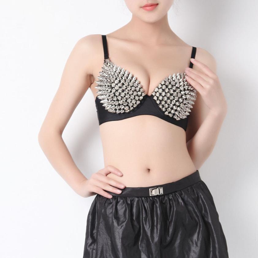 Sexy women's rhinestone cover bra with spikes, perfect for a bold rock style look.