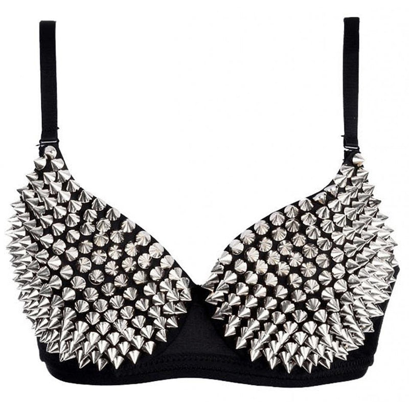 Sexy women's rhinestone bra with spikes, perfect for edgy rock style looks.