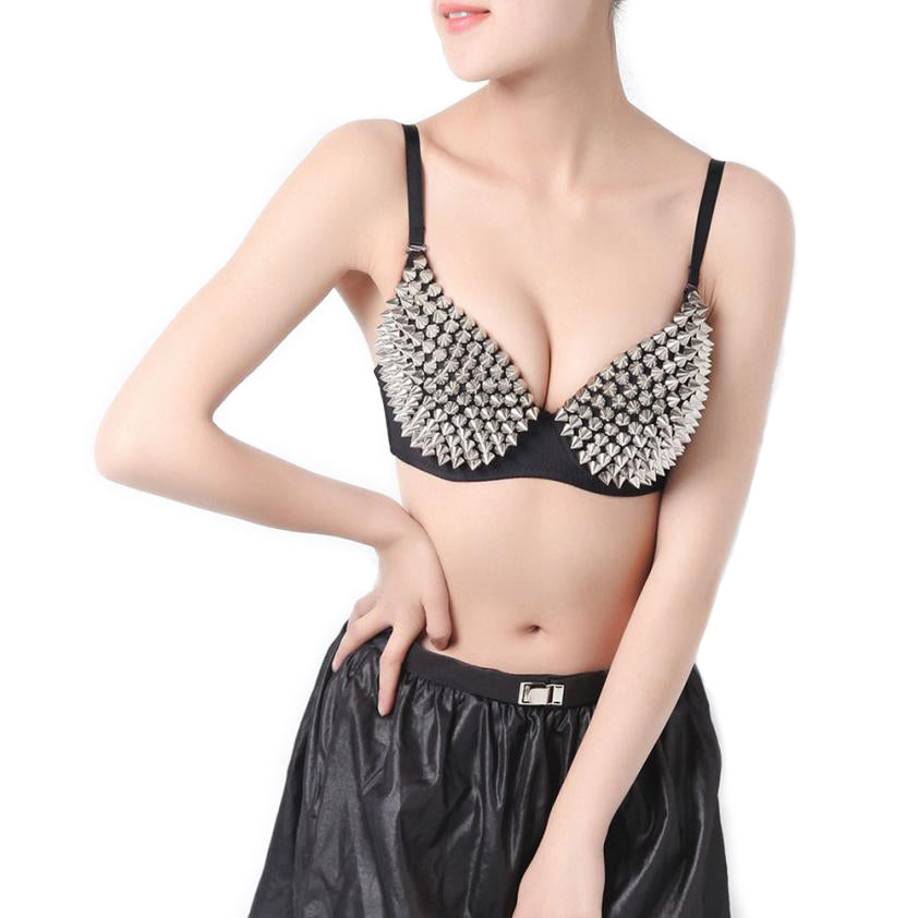 Sexy women's rhinestone bra with spikes, perfect for an edgy rock style outfit.