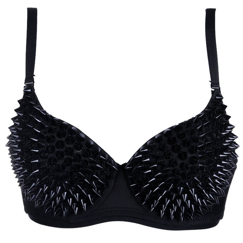 Sexy women's black rhinestone cover bra with spikes for bold rock style fashion.