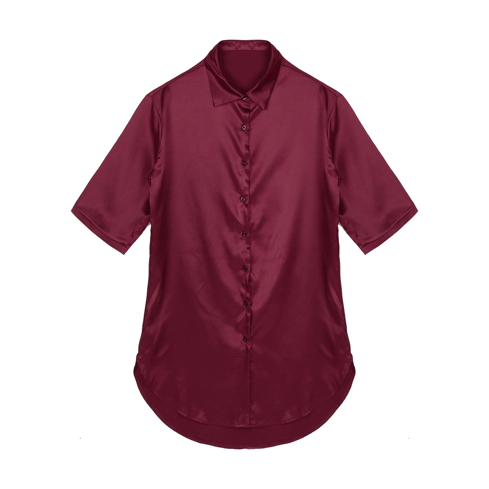 Women's satin shirt in burgundy with 3/4 sleeves, perfect for casual wear or as a nightshirt.
