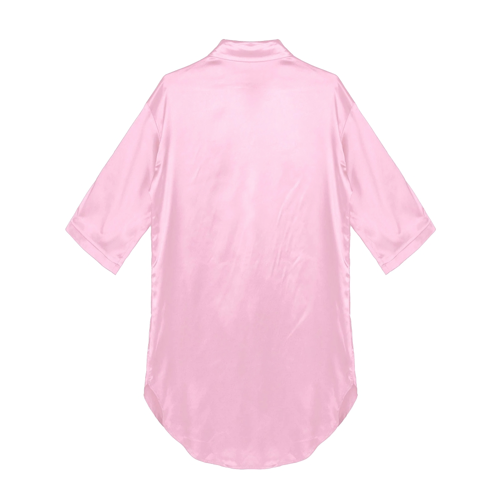 Back view of a pink women's satin shirt with 3/4 sleeves, showcasing its casual and comfy design.